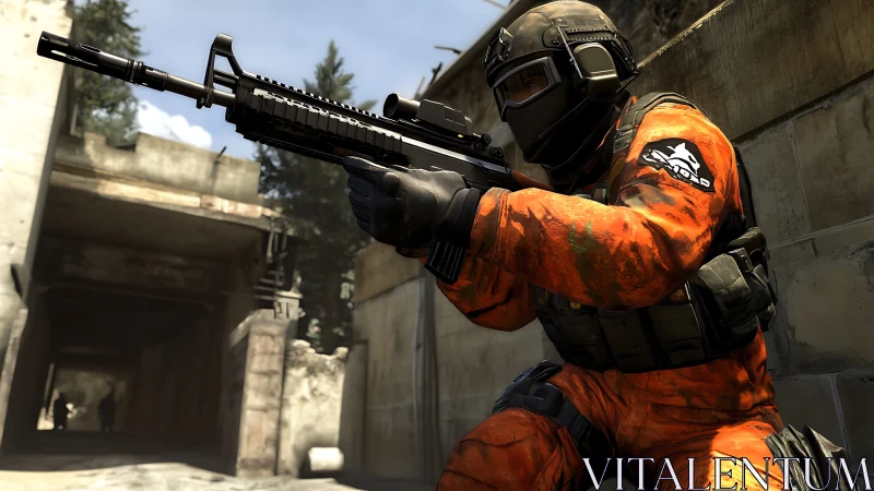 Tactical shooter operative in orange combat gear aiming rifle.