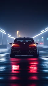 Midnight sports car glows gently along a misty wet city road