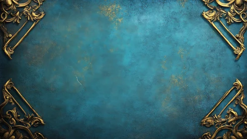 Ornate gold corners frame distressed teal background texture.