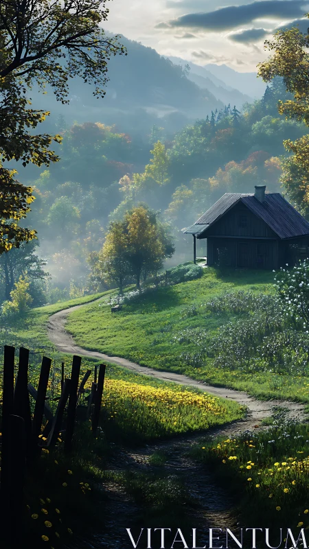 Rural wooden cabin stands beside winding dirt path at dawn