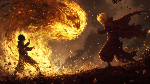 Fiery duel swirls around determined warriors in autumn storm