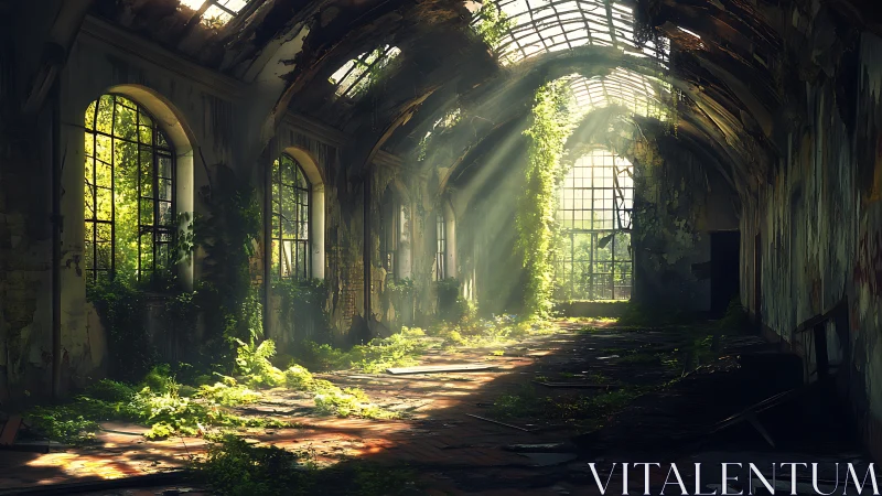 Overgrown glass hall with volumetric sunlight and decay.
