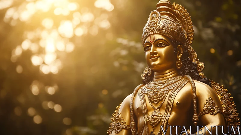 Gilded Hindu deity sculpture under directional backlit sun.
