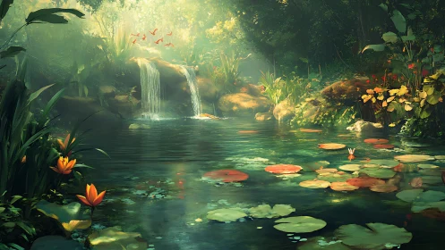 Enchanted forest pond shimmers beneath gentle waterfall light.