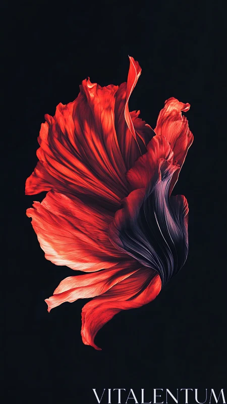 Scarlet abstract petals twist elegantly against deep black