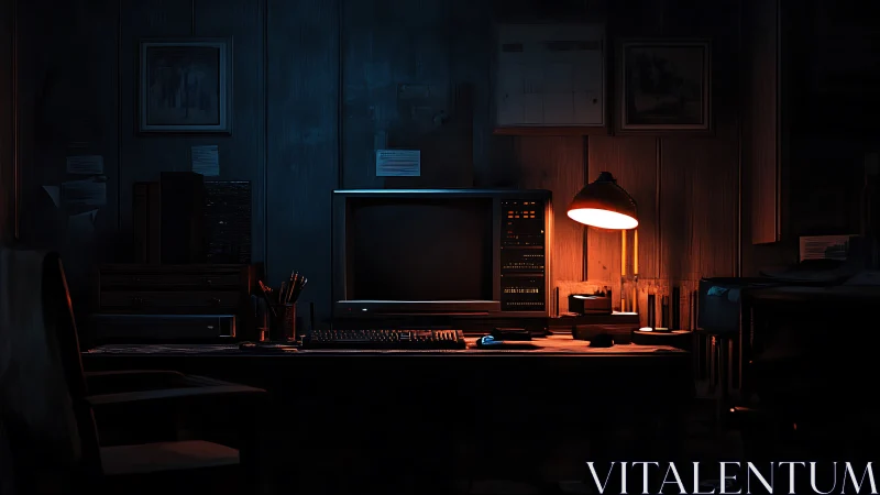 Moody retro computer desk glows softly in a quiet office