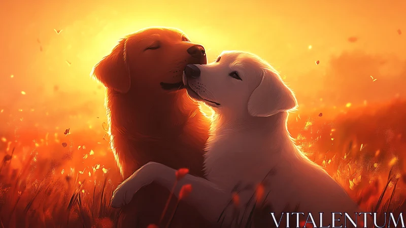 Two Golden Retrievers Embracing in Sunset Field