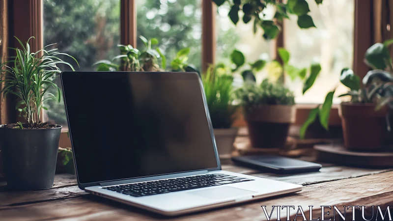 Laptop rests on rustic wooden desk amid window plants