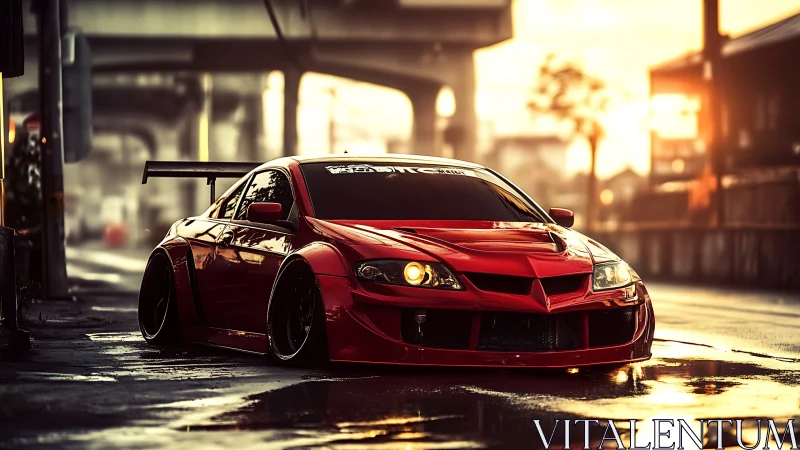 Scarlet street racer prowls sunset-soaked city asphalt.