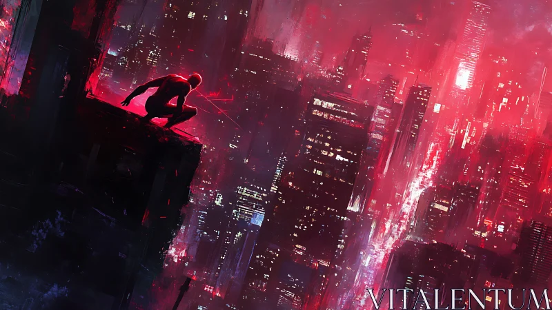 Silhouette crouches on rooftop above dense neon red city
