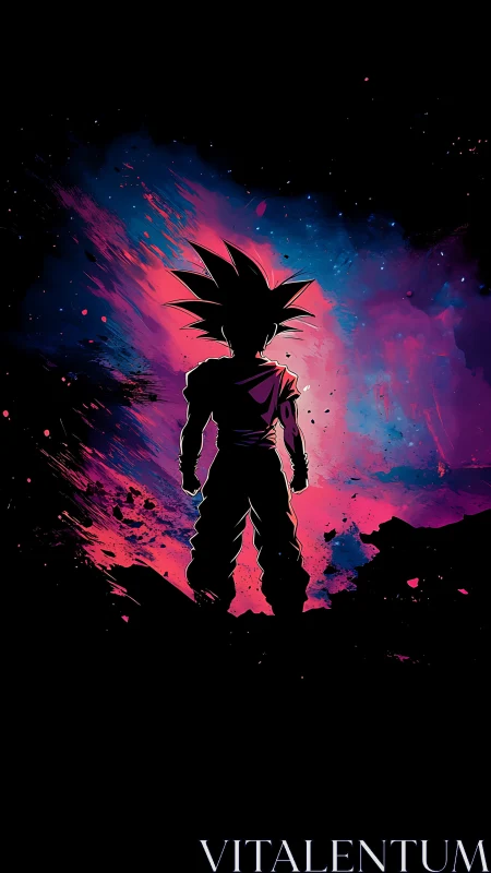 Cosmic warrior silhouette ignites neon-streaked night sky.