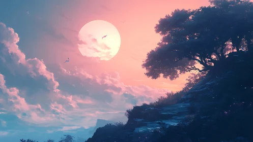 Large low sun over coastal cliff with silhouetted tree