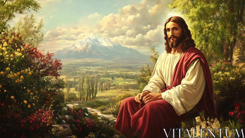 Peaceful robed figure rests in a sunlit garden of blossoms