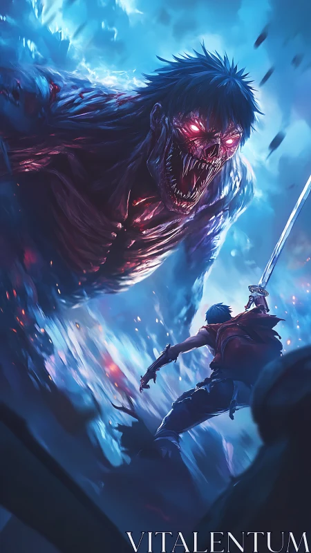 Dynamic anime clash of swordsman and colossal demon titan.