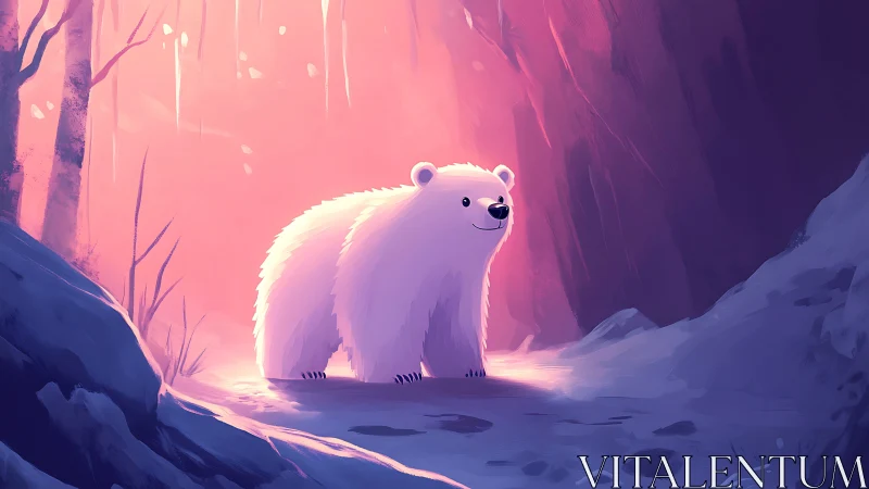 Polar bear cub stands in stylized icy forest ravine light