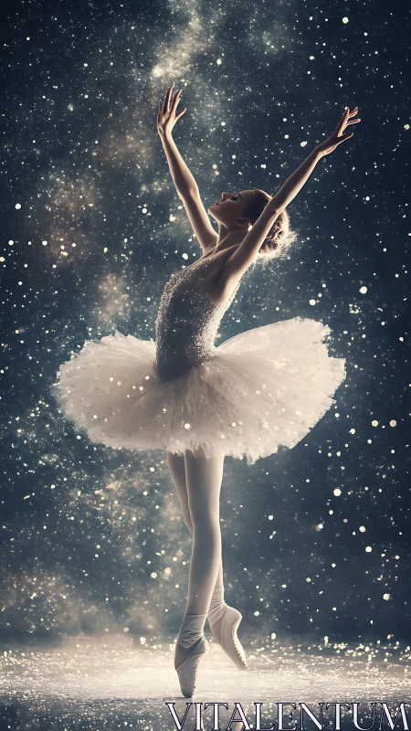 Ethereal ballerina rises in a starlit cosmic snowfall stage