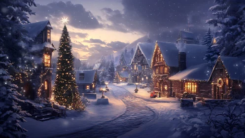 Snow covered village street with illuminated houses at dusk.