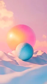 Pastel spheres rest on soft dunes under a dreamy sky