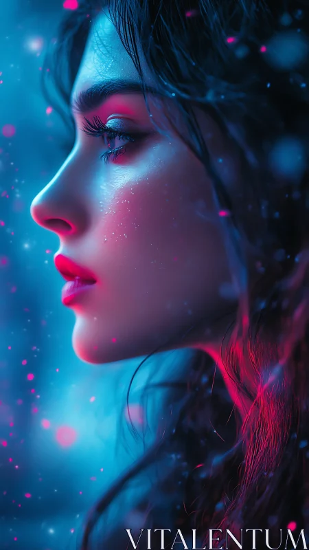 Neon bokeh side-profile portrait in cyan magenta palette