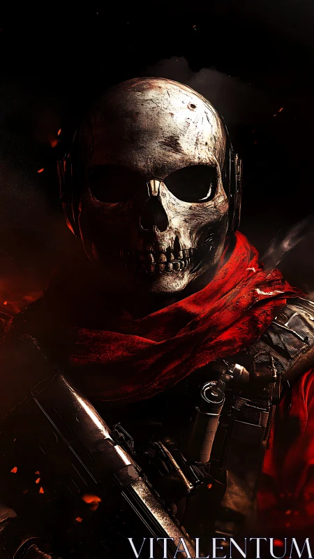 Skull-masked gunner stalks through ember-scorched darkness