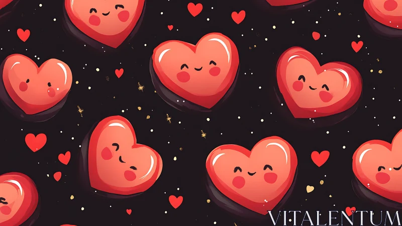 Charming Cartoon Hearts with Anthropomorphic Facial Features Against Dark Starry Background
