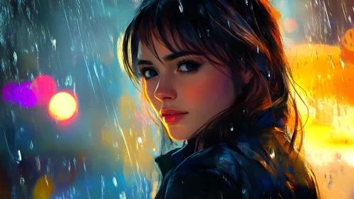 Digital painting portrait in neon rain with cinematic bokeh lighting.