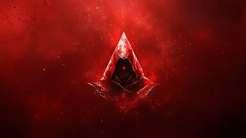 Hooded assassin emerges within a blood red triangular shroud.