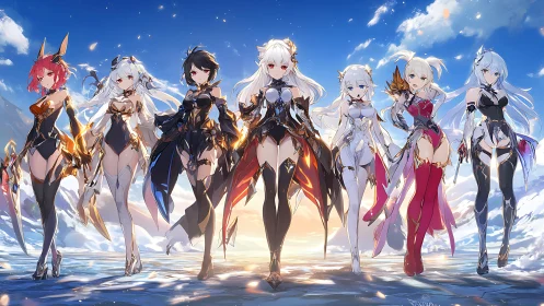 Seven anime heroines stride across a radiant skyshore