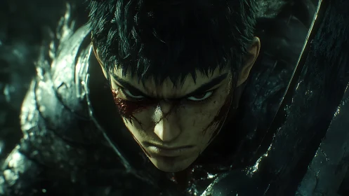 Armored male warrior with bloodied face in close focus.