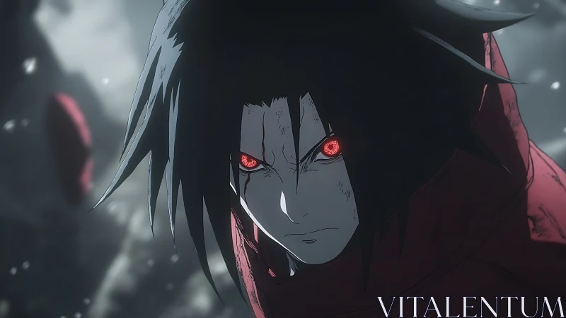 Close view shows red-eyed anime character in muted landscape