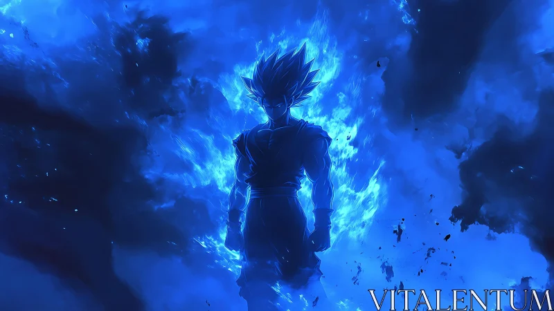 Electric blue warrior rising in a storm of cosmic energy.