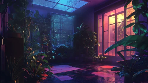Moody indoor greenhouse glows with neon dusk reflections