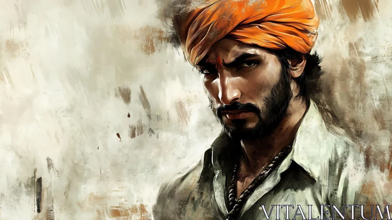 Intense portrait captures a man in a vivid orange turban