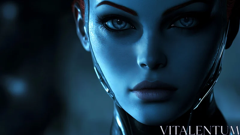 Cybernetic portrait isolates a blue-lit synthetic femme face