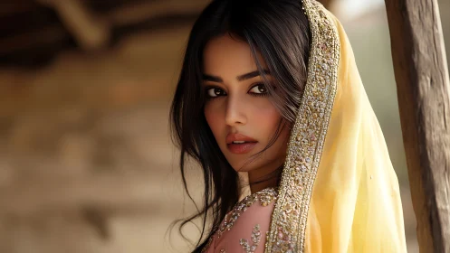Portrait of woman in yellow embellished dupatta, shallow depth