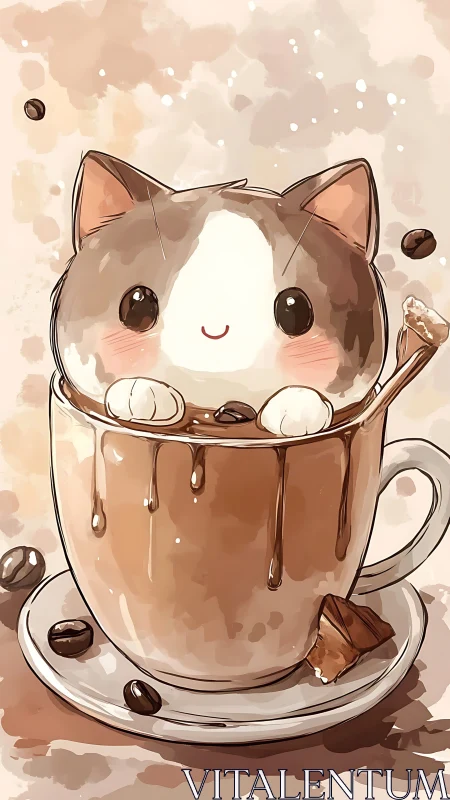Adorable Cat Nestled in Steaming Chocolate Coffee Cup.