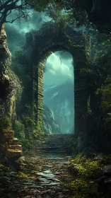 Ancient stone archway leading into misty mountain pass.