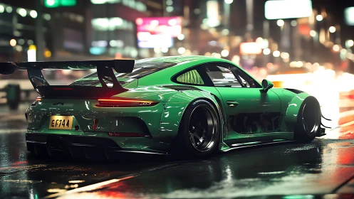 Green widebody sports car on neon city street at night.