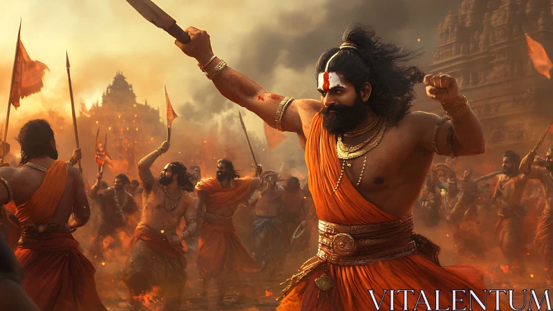 Warrior leading temple battlefield clash in orange robes.