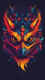 Symmetrical stylized owl head uses layered neon gradients