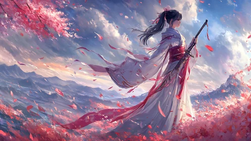 Digital painting of samurai maiden amid sweeping sakura storm.