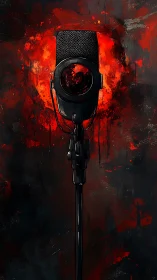 Studio microphone stands before red abstract circular glow