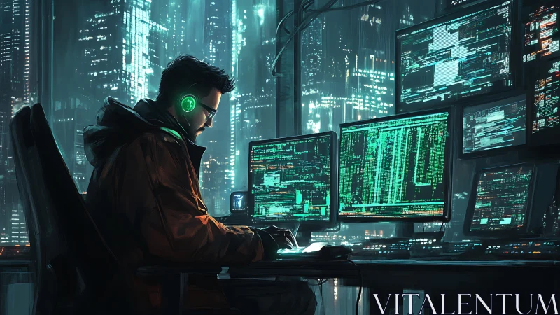 Solitary computer operator at multi-monitor urban workstation.