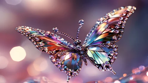 Jewel toned glass butterfly sparkling in dreamy soft light.