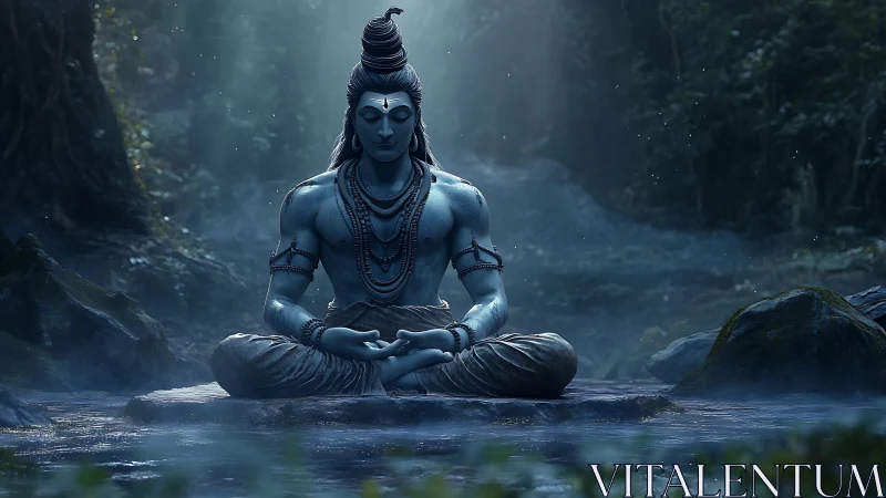 Blue meditative deity sits in misty forest clearing, glowing calm
