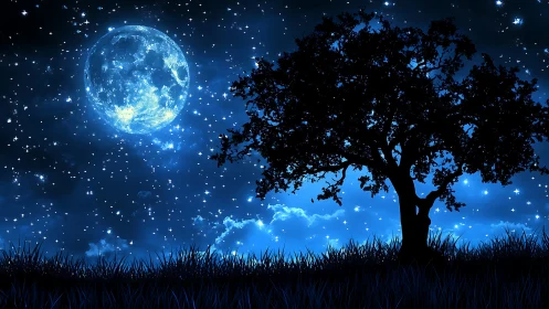 Moonlit dreaming tree beneath a glitter-swept midnight sky.