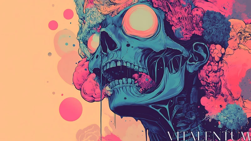 Psychedelic cyan skull dissolves into neon vaporous blooms