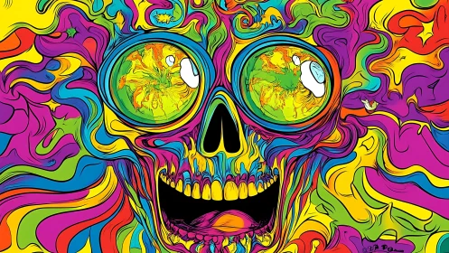 Psychedelic skull illustration with vortex eyes and fluid neon fields.