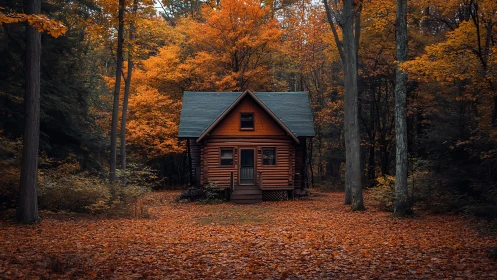 Red Cabin Nested in Golden Autumn Forest.