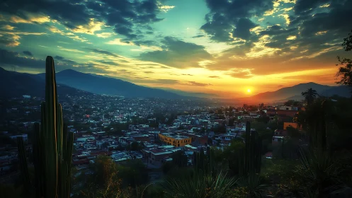 Sun sets over valley city with cacti in foreground view